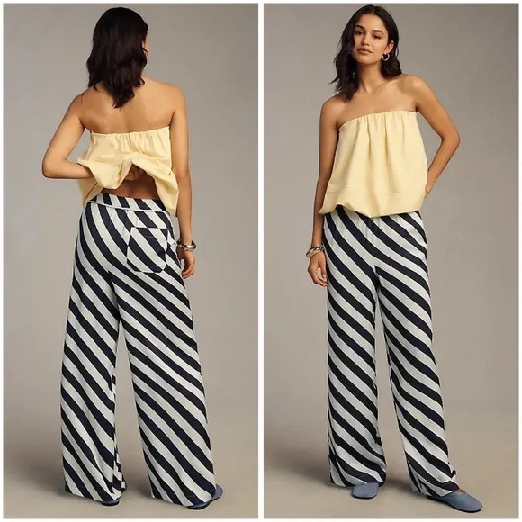 Anthropologie Pants - Anthropologie Maeve The Brooklin Printed Wide-Leg Pull-On Pants Blue Stripe L